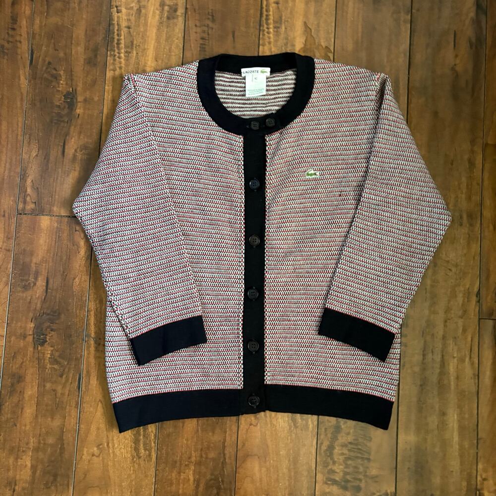 Vintage Lacoste Cardigan Sweater Womens Size 42 Red Multicolor Wool Knit Grandma